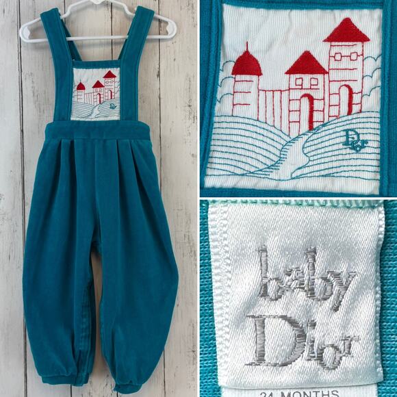 VTG 90's Baby Dior Teal Embroidered Velour Bib Overalls Outlet Size 12 Months - Picture 1 of 15